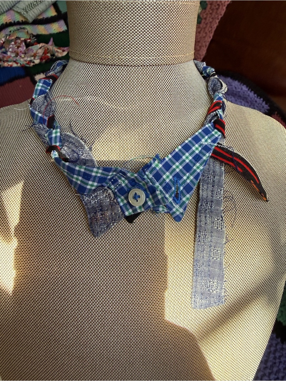 Handcrafted Blue Plaid Fabric Choker Necklace